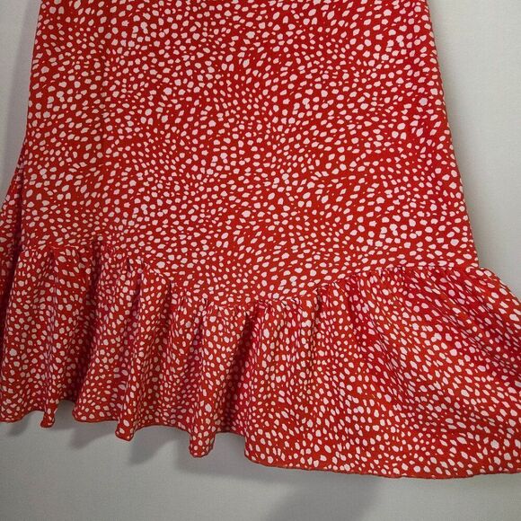 LIKE NEW SHEIN RED WHITE SPECKLED MIDI SKIRT RUFFLED BOTTOM SIZE SMALL - Picture 8 of 14